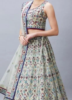 Mint Green Net Resham N Hand Work Umbrella Lehenga Choli With Dupatta Wedding Wear