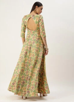 Beige Art Silk Jacquard Pleated Yoke Gown Wedding Wear 13 Beige Art Silk Jacquard Pleated Yoke Gown Wedding Wear -ZariGrace Shop Beige Art Silk Jacquard Pleated Yoke Gown IWBS02212539 b