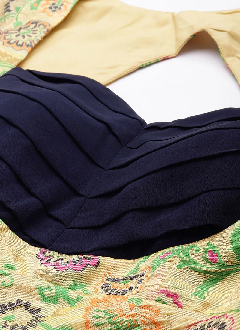 Beige Art Silk Jacquard Pleated Yoke Gown Wedding Wear 7 Beige Art Silk Jacquard Pleated Yoke Gown Wedding Wear - Image 5