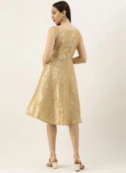 Beige Brocade Boat Neck Flared Dress Festive Wear 13 Beige Brocade Boat Neck Flared Dress Festive Wear -ZariGrace Shop Beige Brocade Boat Neck Flared Dress DRBS02105387 b