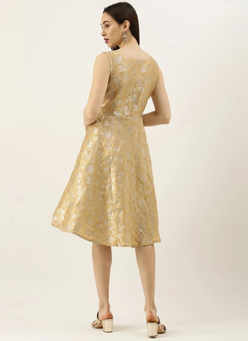 Beige Brocade Boat Neck Flared Dress Festive Wear 6 Beige Brocade Boat Neck Flared Dress Festive Wear - Image 4