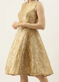 Beige Brocade Boat Neck Flared Dress Festive Wear