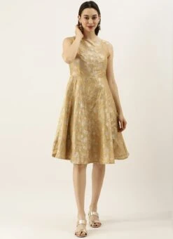 Beige Brocade Boat Neck Flared Dress Festive Wear 12 Beige Brocade Boat Neck Flared Dress Festive Wear -ZariGrace Shop Beige Brocade Boat Neck Flared Dress DRBS02105387 u