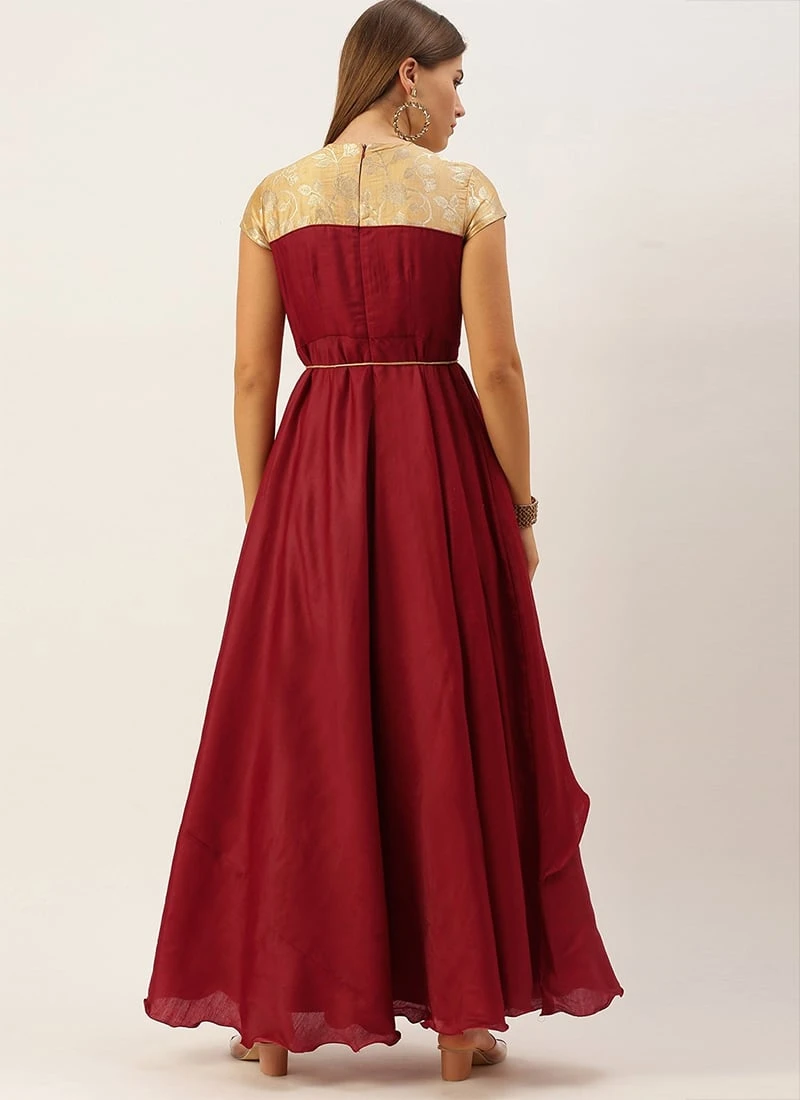 Beige Brocade N Maroon Satin Layered Gown Festive Wear 6 Beige Brocade N Maroon Satin Layered Gown Festive Wear - Image 4