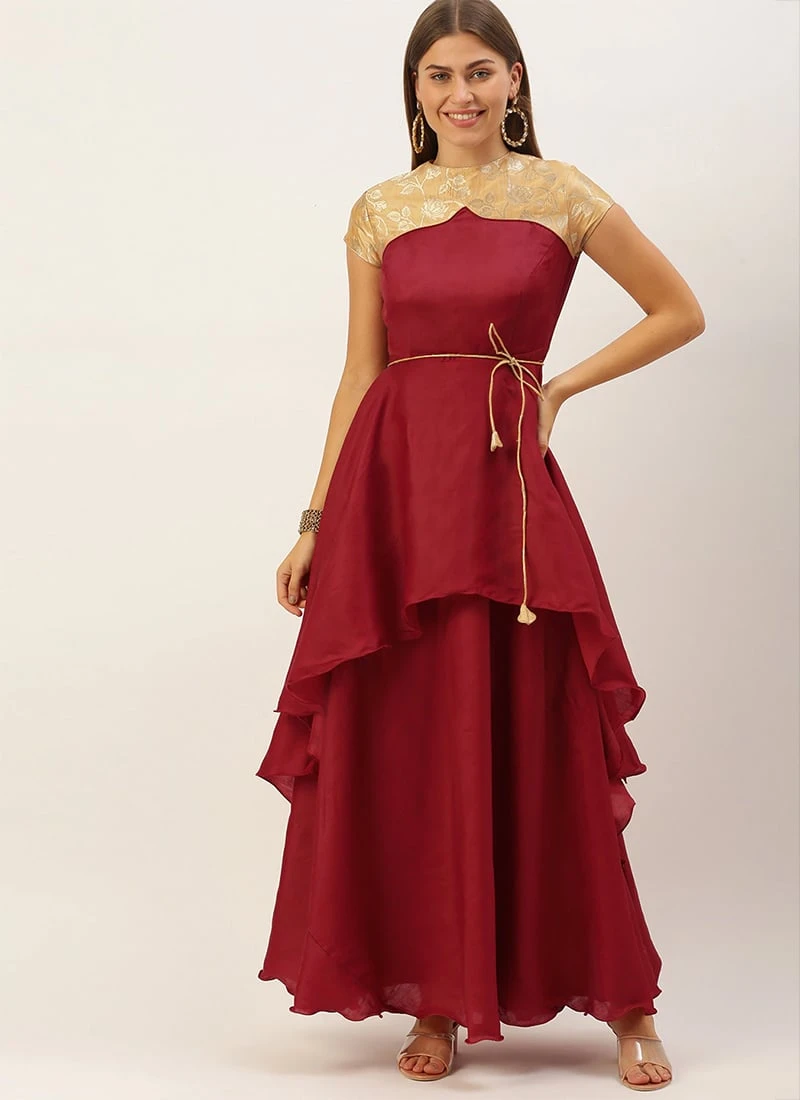 Beige Brocade N Maroon Satin Layered Gown Festive Wear 5 Beige Brocade N Maroon Satin Layered Gown Festive Wear - Image 3