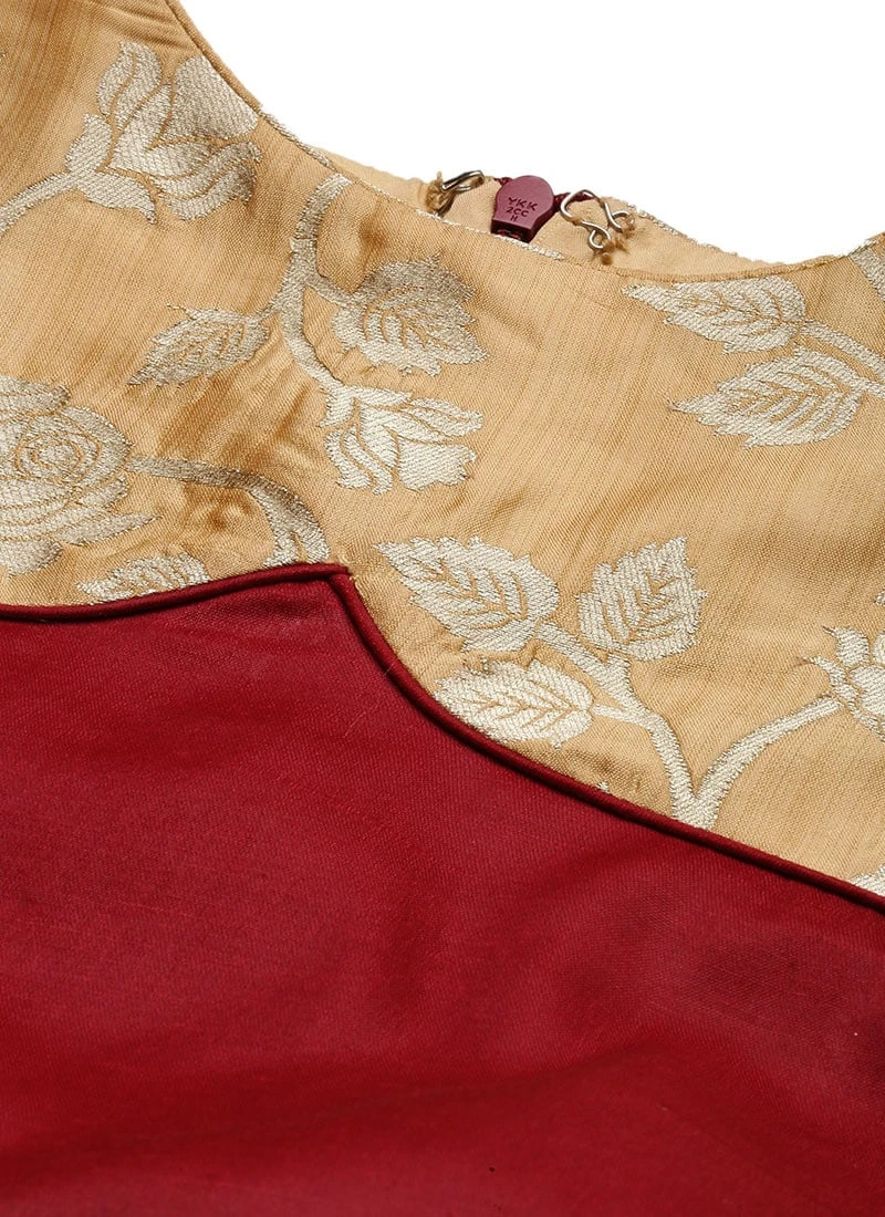Beige Brocade N Maroon Satin Layered Gown Festive Wear 7 Beige Brocade N Maroon Satin Layered Gown Festive Wear - Image 5