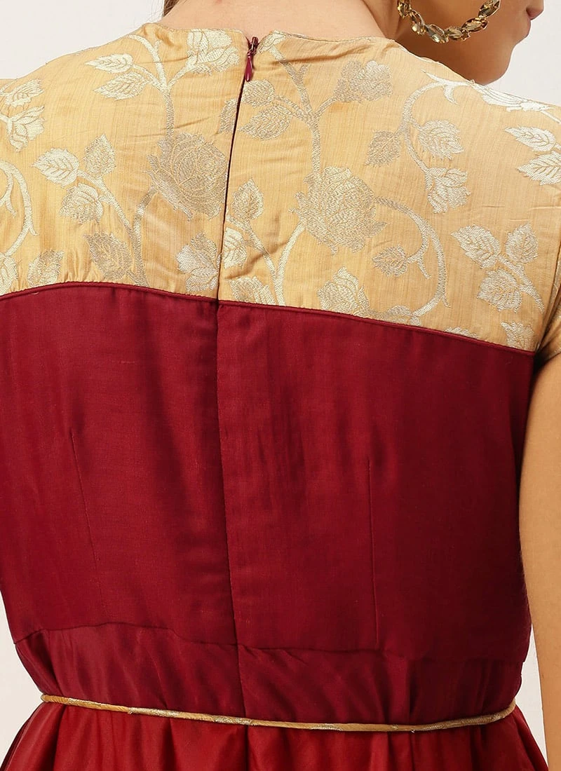 Beige Brocade N Maroon Satin Layered Gown Festive Wear 8 Beige Brocade N Maroon Satin Layered Gown Festive Wear - Image 6