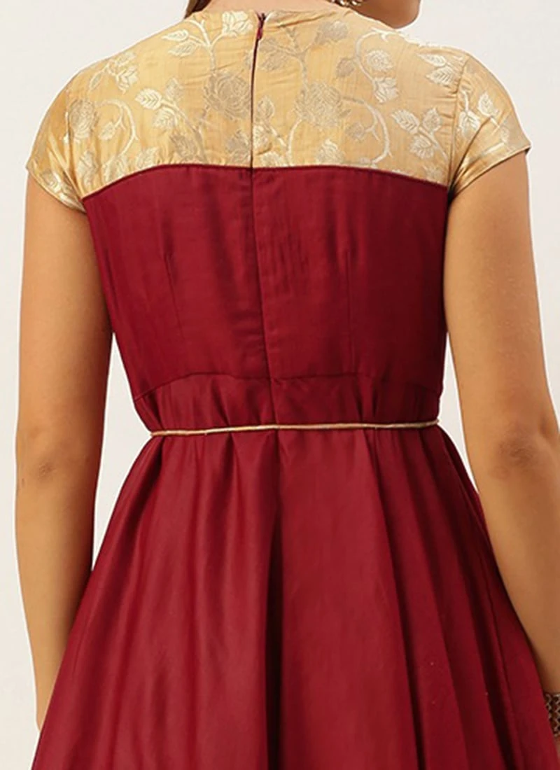 Beige Brocade N Maroon Satin Layered Gown Festive Wear 9 Beige Brocade N Maroon Satin Layered Gown Festive Wear - Image 7