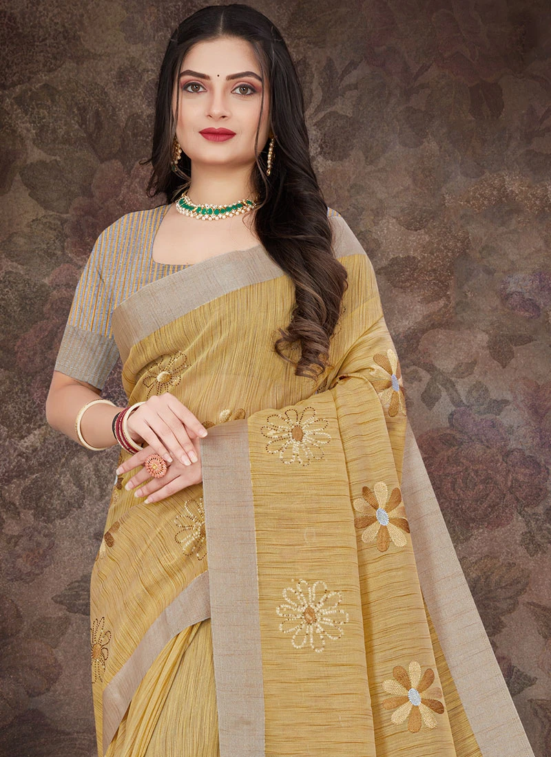 Beige Linen Resham Embroidered Tikki Work Saree After Six Wear 6 Beige Linen Resham Embroidered Tikki Work Saree After Six Wear - Image 4
