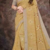 Beige Linen Resham Embroidered Tikki Work Saree After Six Wear