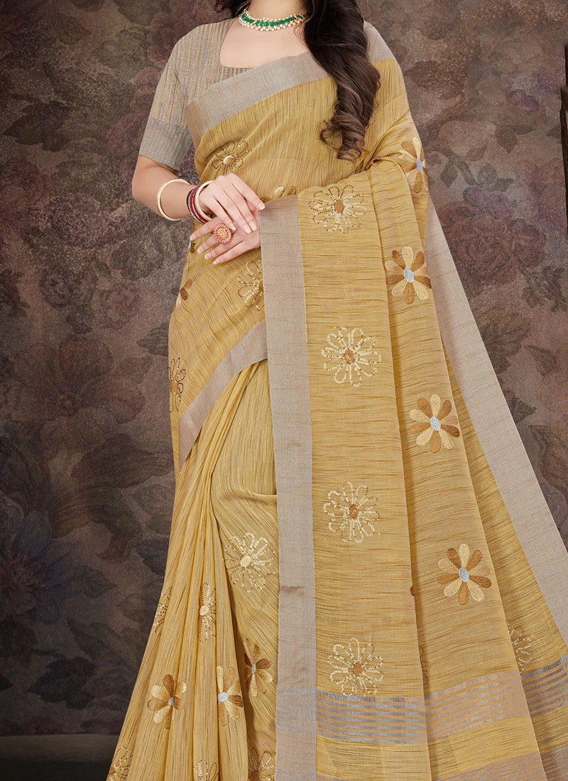 Beige Linen Resham Embroidered Tikki Work Saree After Six Wear 3 Beige Linen Resham Embroidered Tikki Work Saree After Six Wear