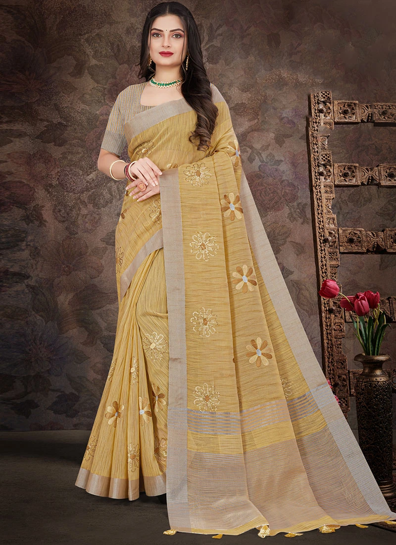Beige Linen Resham Embroidered Tikki Work Saree After Six Wear 5 Beige Linen Resham Embroidered Tikki Work Saree After Six Wear - Image 3