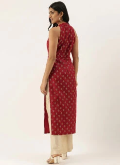 Beige N Maroon Printed Halter Neck Kurta Set Festive Wear -ZariGrace Shop Beige N Maroon Printed Halter Neck Kurta Set KSBS02102847 b