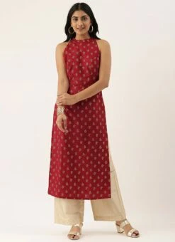 Beige N Maroon Printed Halter Neck Kurta Set Festive Wear -ZariGrace Shop Beige N Maroon Printed Halter Neck Kurta Set KSBS02102847 u