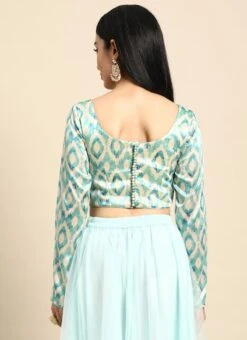 Beige N Sea Green Printed Boat Neck Blouse Festive Wear -ZariGrace Shop Beige N Sea Green Printed Boat Neck Blouse BLBS02301967 b