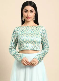 Beige N Sea Green Printed Boat Neck Blouse Festive Wear -ZariGrace Shop Beige N Sea Green Printed Boat Neck Blouse BLBS02301967 u