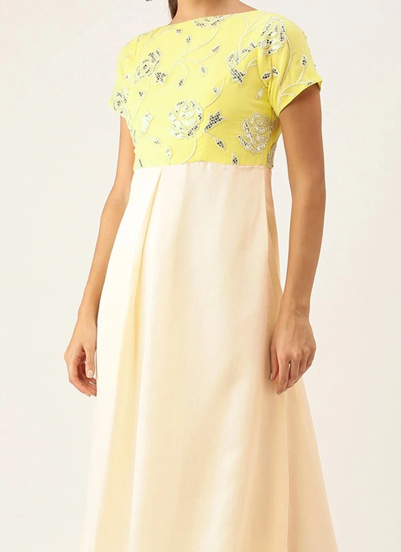 Beige N Yellow Embroidered Pleated Dress Festive Wear 3 Beige N Yellow Embroidered Pleated Dress Festive Wear