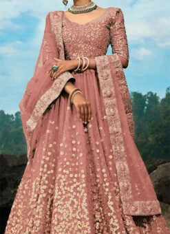 Beige Net Embroidered A Line Lehenga Wedding Wear