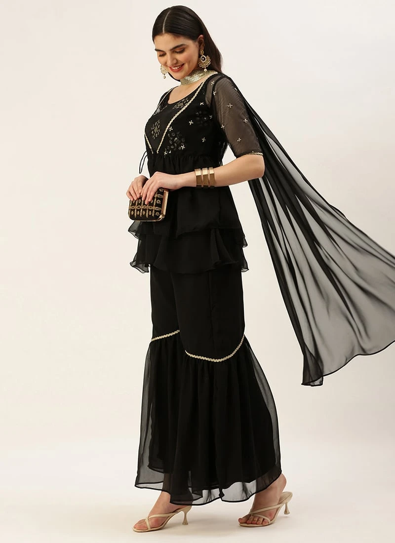Dupatta From Black Chinon Embroidered N Sequins Gharara Set After Six Wear 5 Dupatta From Black Chinon Embroidered N Sequins Gharara Set After Six Wear - Image 3