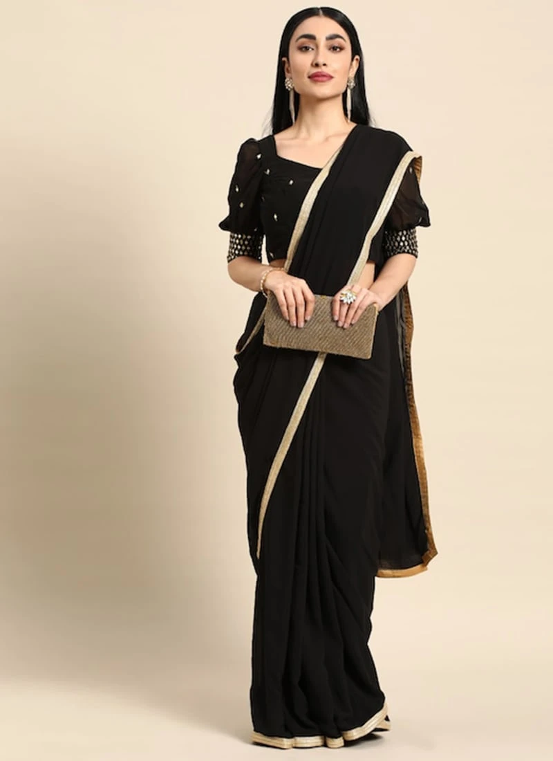 Black Embroidered Blouse Georgette Saree Festive Wear 5 Black Embroidered Blouse Georgette Saree Festive Wear - Image 3