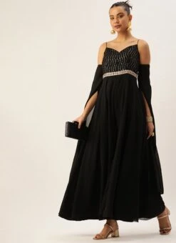 Black Embroidered Jumpsuit With Detachable Sleeve Festive Wear Party Wear -ZariGrace Shop Black Embroidered Jumpsuit With Detachable Sleeve DRBS02211024 u