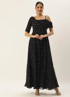 Black Embroidered One Shoulder Style Gown Party Wear -ZariGrace Shop Black Embroidered One Shoulder Style Gown IWBS02305135 u