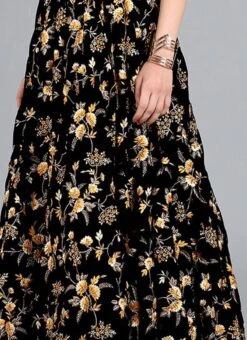 Black Embroidered Velvet Skirt