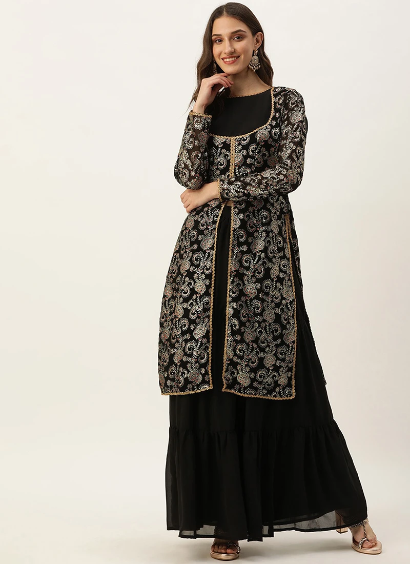 Black Foli Print Georgette Kurti Set Festive Wear 5 Black Foli Print Georgette Kurti Set Festive Wear - Image 3
