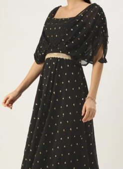 Black Georgette Embroidered Overlap Draped Gown Wedding Wear