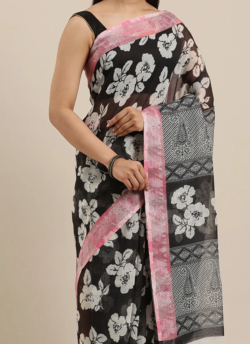 Black Linen Cotton Saree Festive Wear 3 Black Linen Cotton Saree Festive Wear