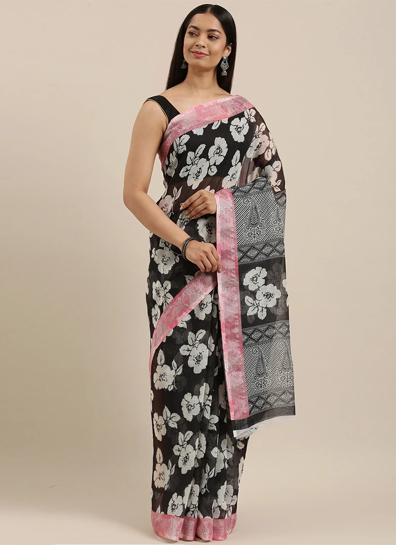 Black Linen Cotton Saree Festive Wear 5 Black Linen Cotton Saree Festive Wear - Image 3