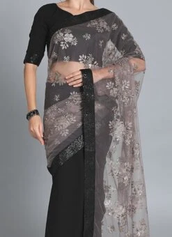 Black N Grey Embroidered Half N Half Saree Festive Wear