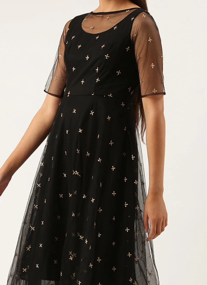 Black Net Embroidered Midi Dress Festive Wear 3 Black Net Embroidered Midi Dress Festive Wear