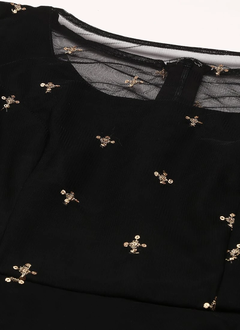 Black Net Embroidered Midi Dress Festive Wear 7 Black Net Embroidered Midi Dress Festive Wear - Image 5