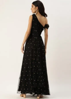 Black Net Embroidered One Shoulder Gown Party Wear -ZariGrace Shop Black Net Embroidered One Shoulder Gown IWBS02204712 b