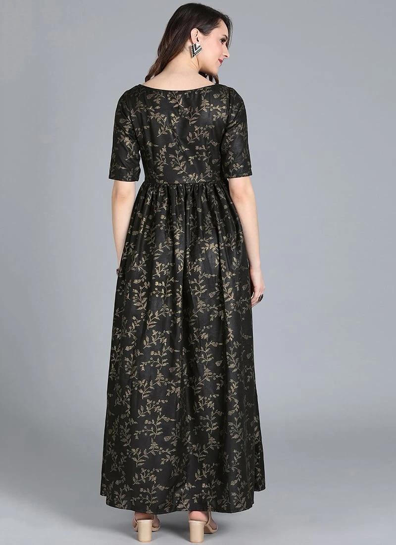 Black Printed Rayon Boat Neck Gown After Six Wear 6 Black Printed Rayon Boat Neck Gown After Six Wear - Image 4