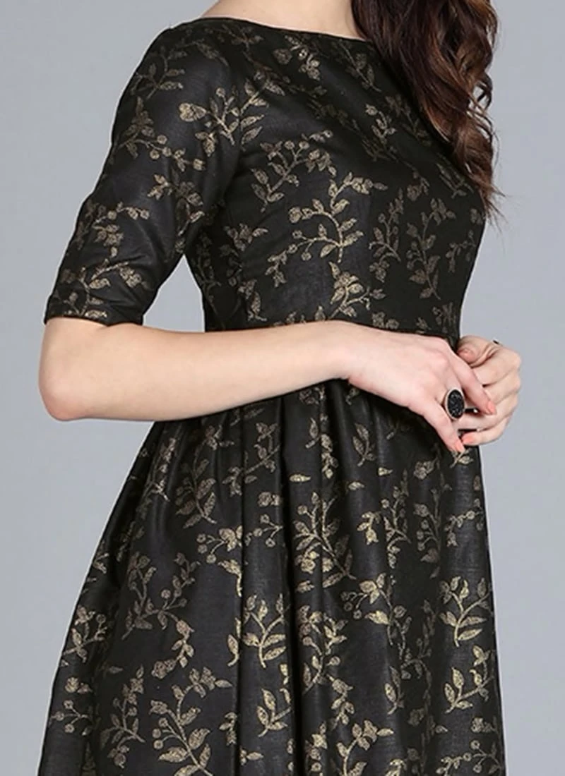 Black Printed Rayon Boat Neck Gown After Six Wear 3 Black Printed Rayon Boat Neck Gown After Six Wear