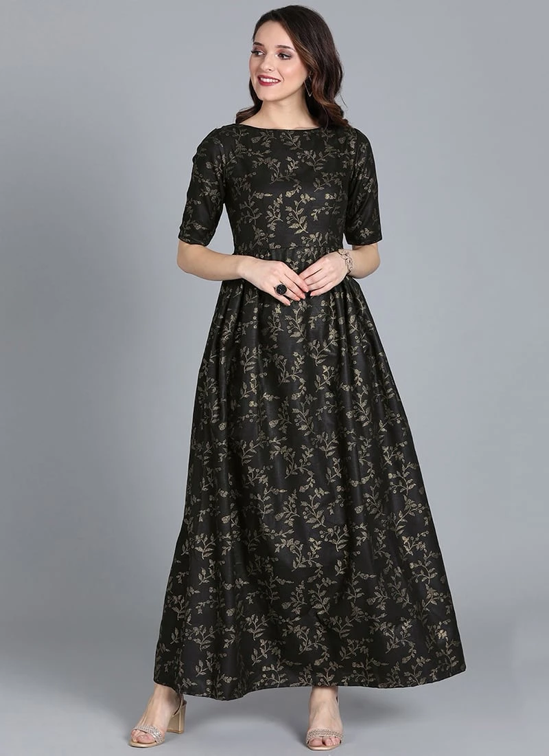 Black Printed Rayon Boat Neck Gown After Six Wear 5 Black Printed Rayon Boat Neck Gown After Six Wear - Image 3