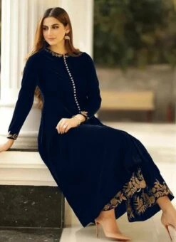 Black Velvet Kurta Palazzo Set Work Wear -ZariGrace Shop Black Velvet Kurta Palazzo Set KRSDMF7325NY b