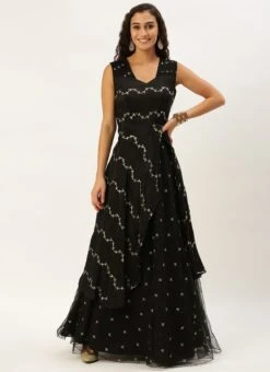 Black Viscose Embroidered Layered Gown Festive Wear 12 Black Viscose Embroidered Layered Gown Festive Wear -ZariGrace Shop Black Viscose Embroidered Layered Gown IWBS02212600 u