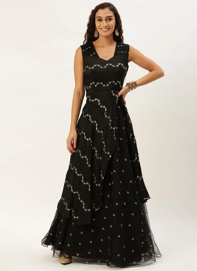 Black Viscose Embroidered Layered Gown Festive Wear 5 Black Viscose Embroidered Layered Gown Festive Wear - Image 3