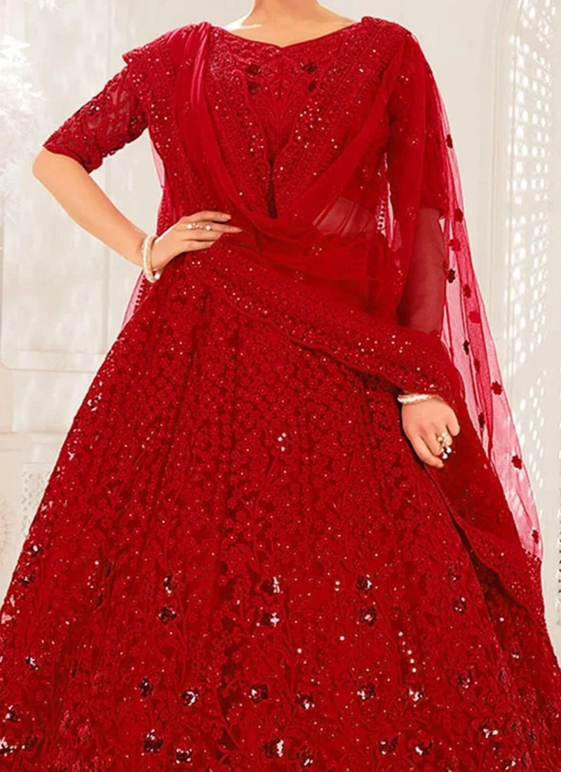 Blood Red Net Embroidered N Stones Umbrella Lehenga Party Wear 3 Blood Red Net Embroidered N Stones Umbrella Lehenga Party Wear