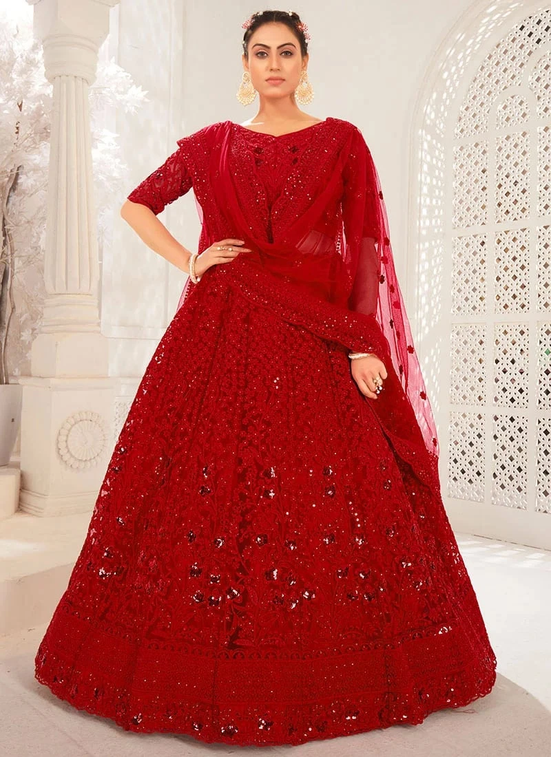 Blood Red Net Embroidered N Stones Umbrella Lehenga Party Wear 5 Blood Red Net Embroidered N Stones Umbrella Lehenga Party Wear - Image 3
