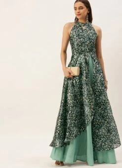 Blue Art Silk Digital Printed Halter Neck Dress Festive Wear -ZariGrace Shop Blue Art Silk Digital Printed Halter Neck Dress DRBS02210995 u
