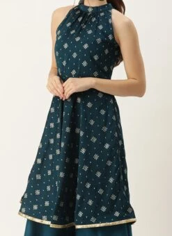 Dupatta From Blue Art Silk Halter Neck Sharara Suit After Six Wear