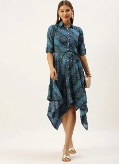 Blue Chanderi Art Silk Handkerchief Style Dress After Six Wear -ZariGrace Shop Blue Chanderi Art Silk Handkerchief Style Dress DRBS02203499 u