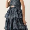 Blue Chinon Digital Printed Layered Gown Party Wear