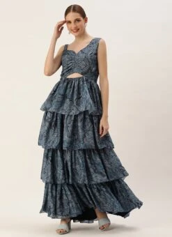 Blue Chinon Digital Printed Layered Gown Party Wear -ZariGrace Shop Blue Chinon Digital Printed Layered Gown IWBS02307660 u