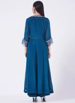Blue Chinon Silk Mirror Work Anarkali Suit Wedding Wear -ZariGrace Shop Blue Chinon Silk Mirror Work Anarkali Suit SLDVC161 b