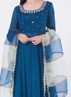 Blue Chinon Silk Mirror Work Anarkali Suit Wedding Wear